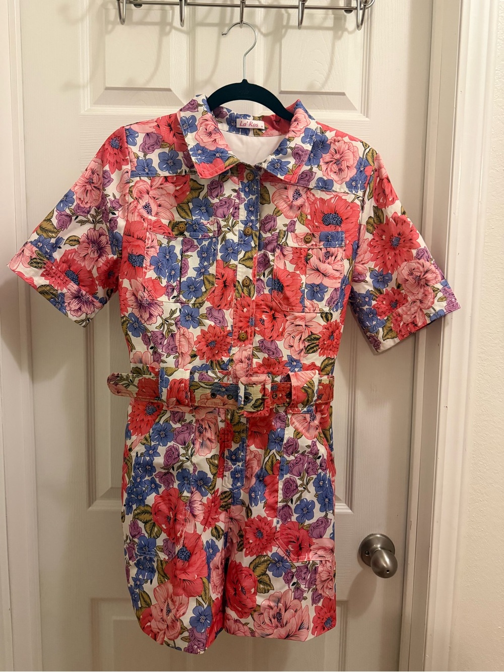 Woman's Floral Romper With Belt - Multicolor Size Medium